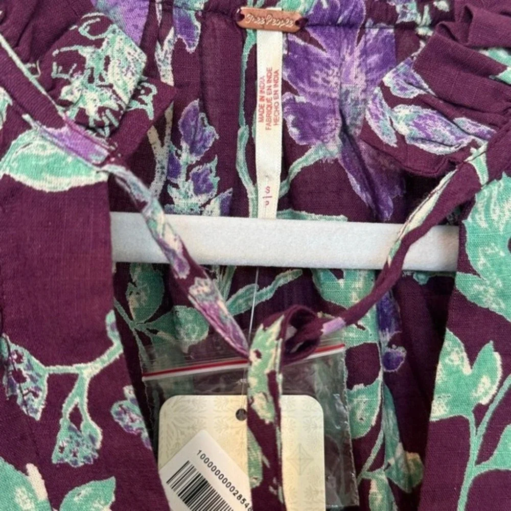 Free People Meant to Be Floral Puff‎ Sleeve Button Up Blouse Top NWT